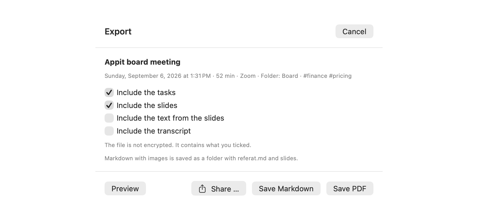 The export sheet with the tickboxes Include the tasks, the slides, the text from the slides and the transcript, and the buttons Preview, Share, Save Markdown and Save PDF