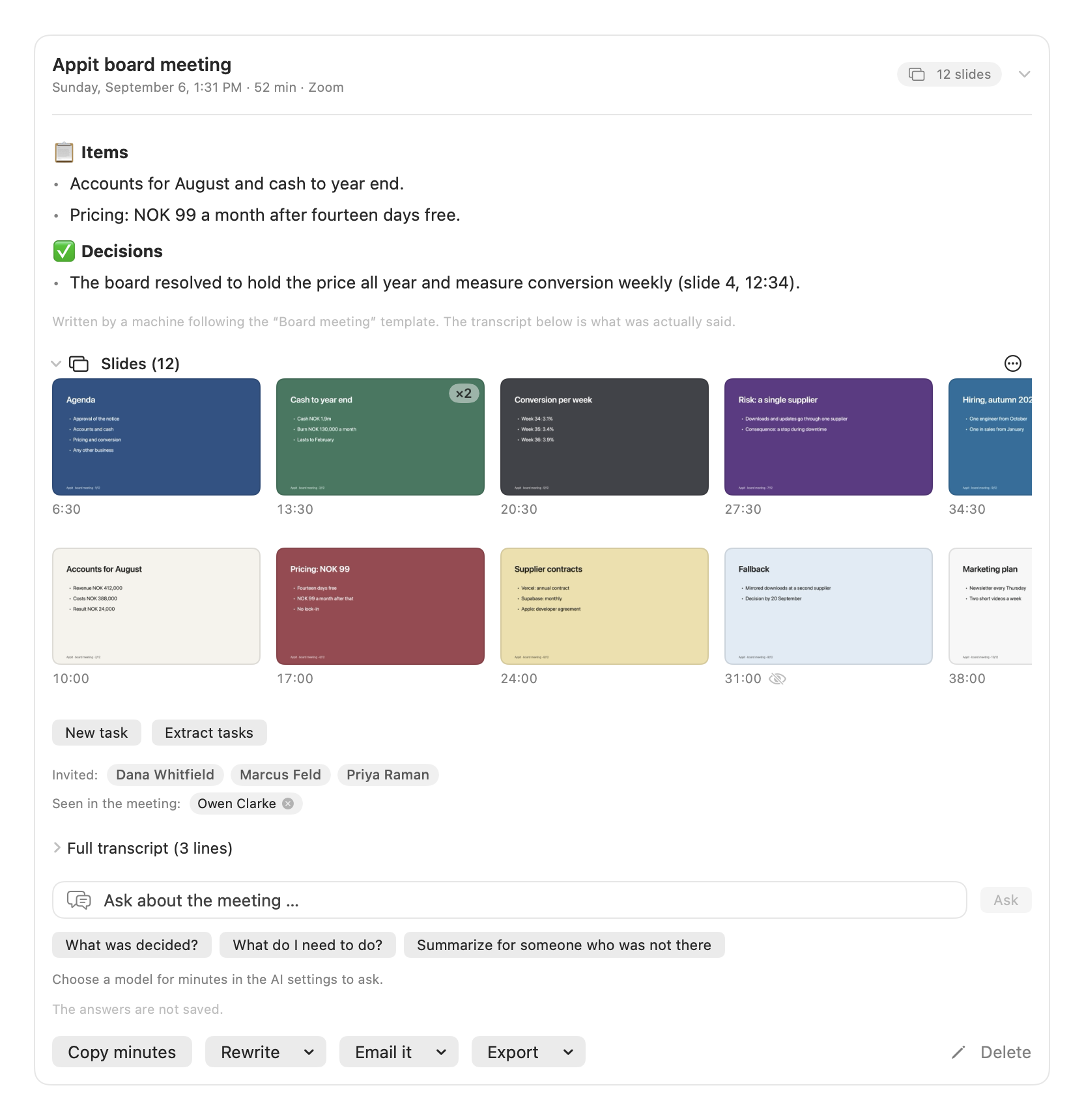 The meeting card with the slide strip: the minutes above, and below a strip of twelve thumbnails with timestamps