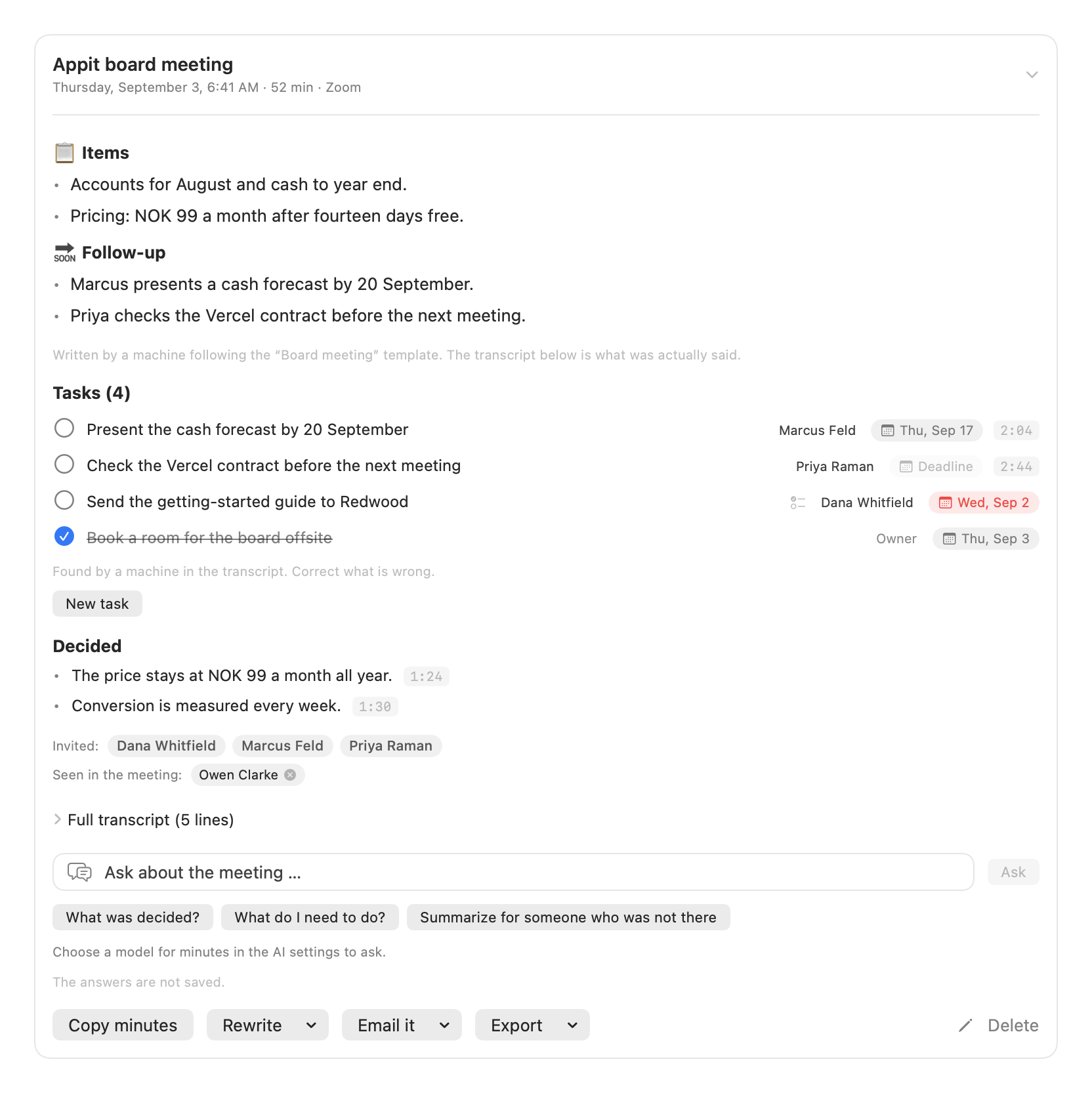 The meeting card with the task list: four tasks with a checkbox, an owner and a deadline chip, one of them red because it is overdue