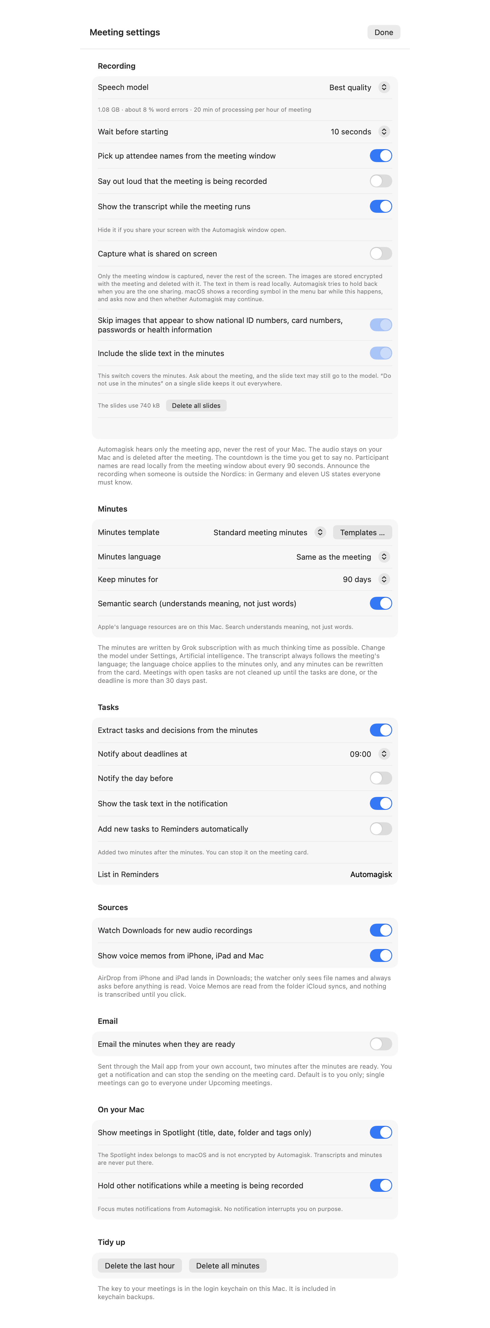 The whole meeting settings sheet: the sections Recording, Minutes, Tasks, Sources, Email, On your Mac and Tidy up