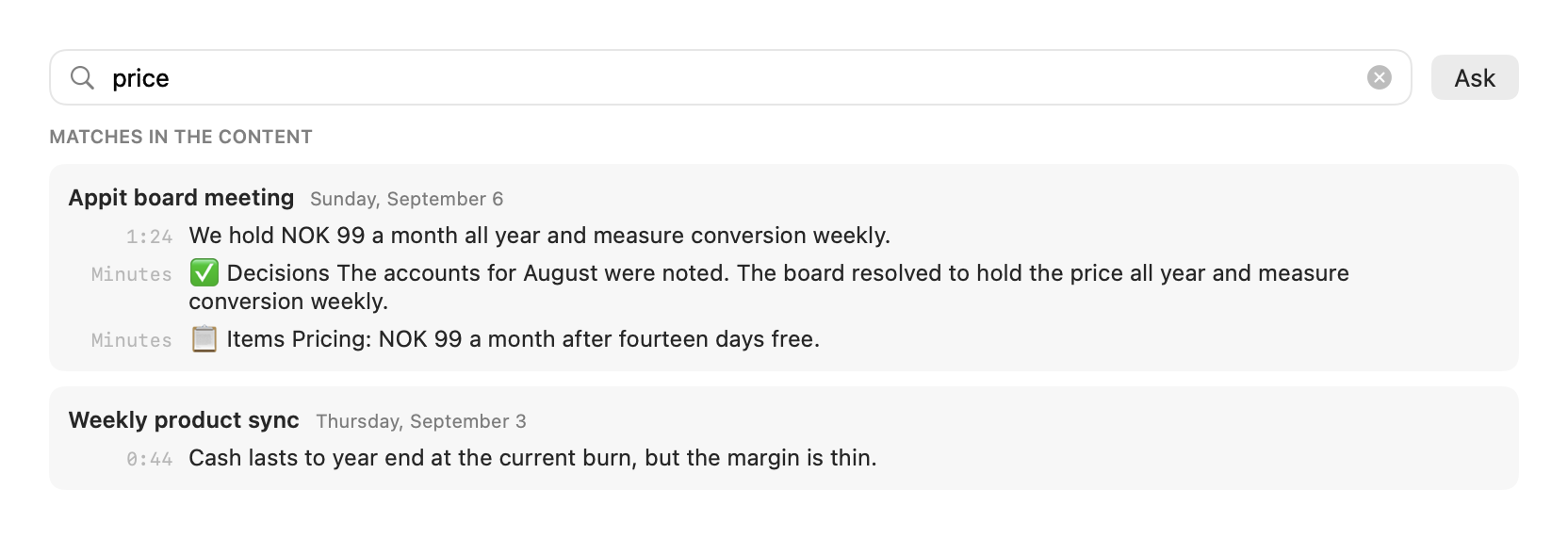 The hit list as you type: the search field with a word in it and matches grouped by meeting, with timestamps and lines marked Minutes