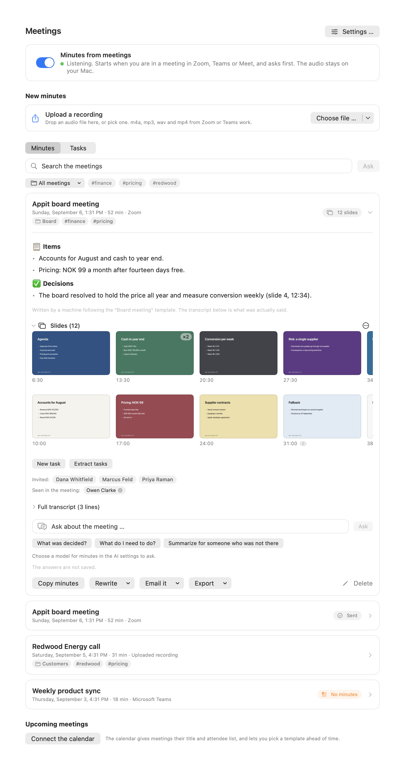 The whole Meetings page: the main switch, upload a recording, the Minutes and Tasks tabs, the search field, the filter row, the open meeting card and upcoming meetings
