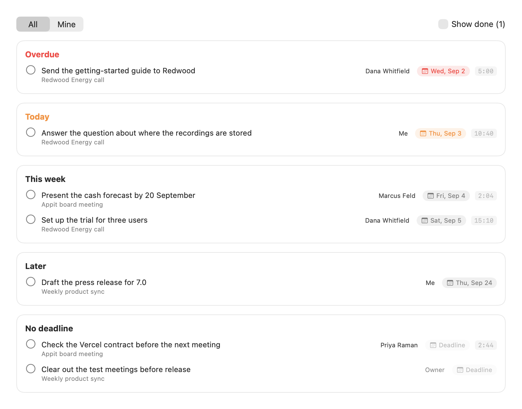 The Tasks page with the groups Overdue, Today, This week, Later and No deadline, and the All and Mine selector