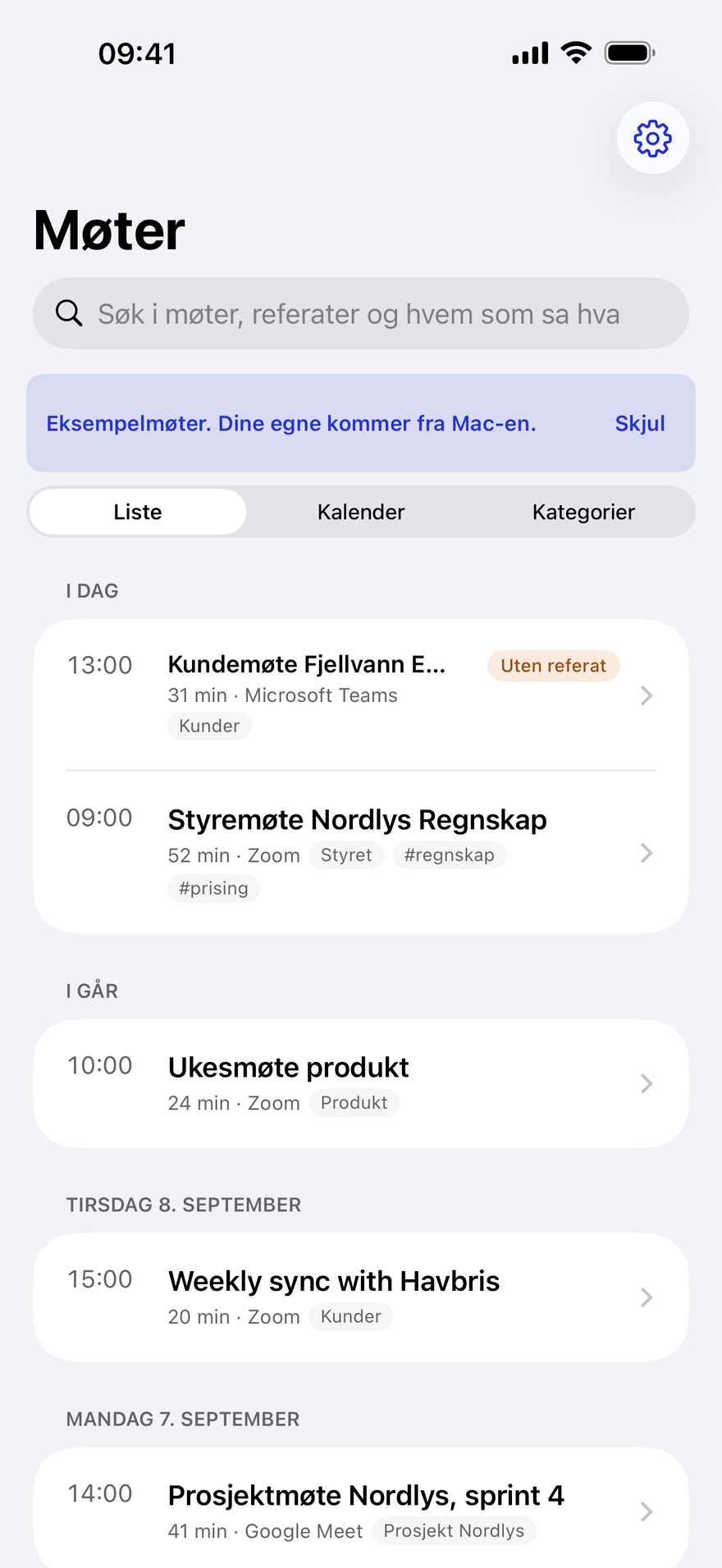 Lista i Automagisk for iPhone: overskriften Møter, søkefeltet, valget mellom Liste, Kalender og Kategorier, og eksempelmøtene gruppert under I dag, I går og tirsdag 8. september