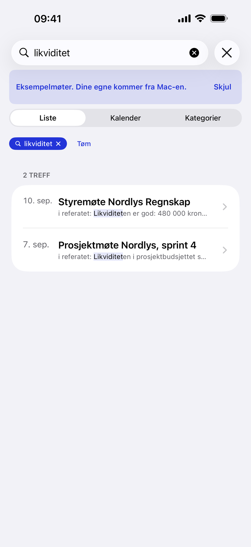 Søket «likviditet» med to treff, Styremøte Nordlys Regnskap og Prosjektmøte Nordlys, sprint 4, med linjen fra referatet der ordet står
