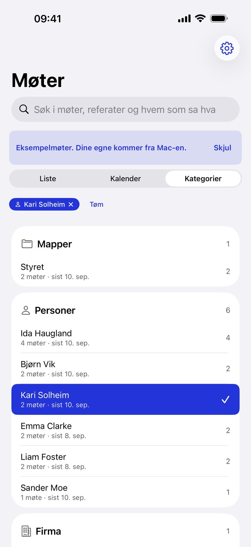 Kategoriene Mapper og Personer, med Kari Solheim valgt som filter og antall møter på hver rad