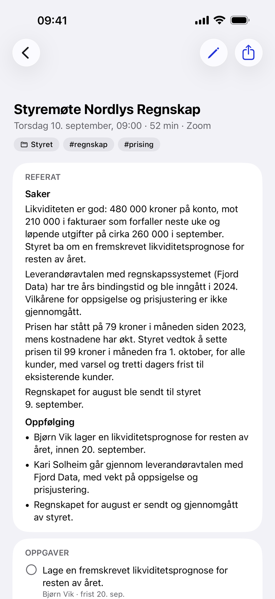 Styremøte Nordlys Regnskap: dato, varighet og app, mappe og tagger, referatet med Saker og Oppfølging, og den første oppgaven nederst