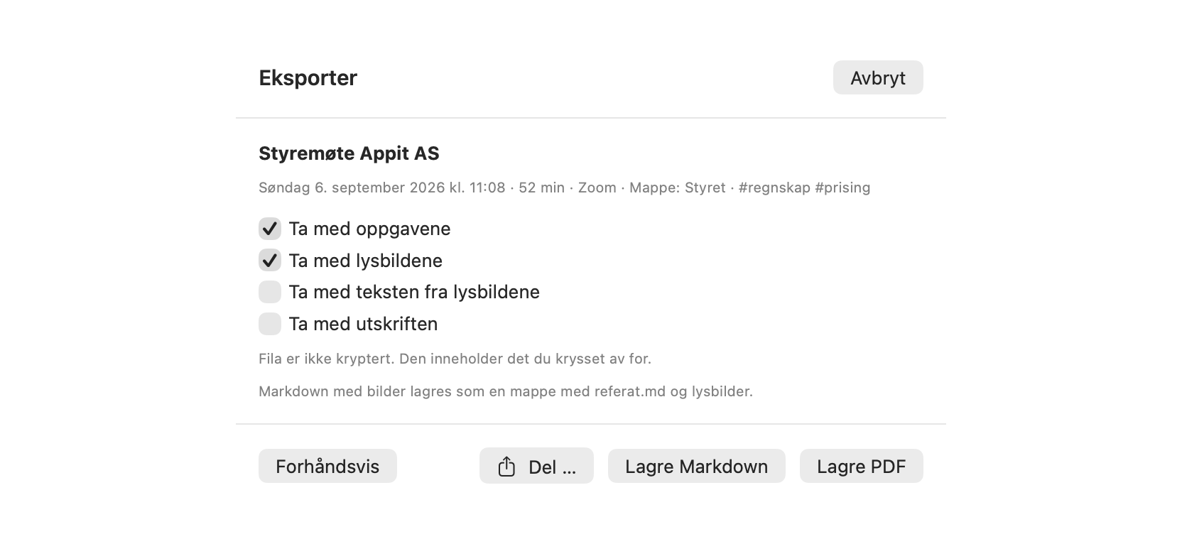 Eksportarket med avkryssingene Ta med oppgavene, lysbildene, teksten fra lysbildene og utskriften, og knappene Forhåndsvis, Del, Lagre Markdown og Lagre PDF