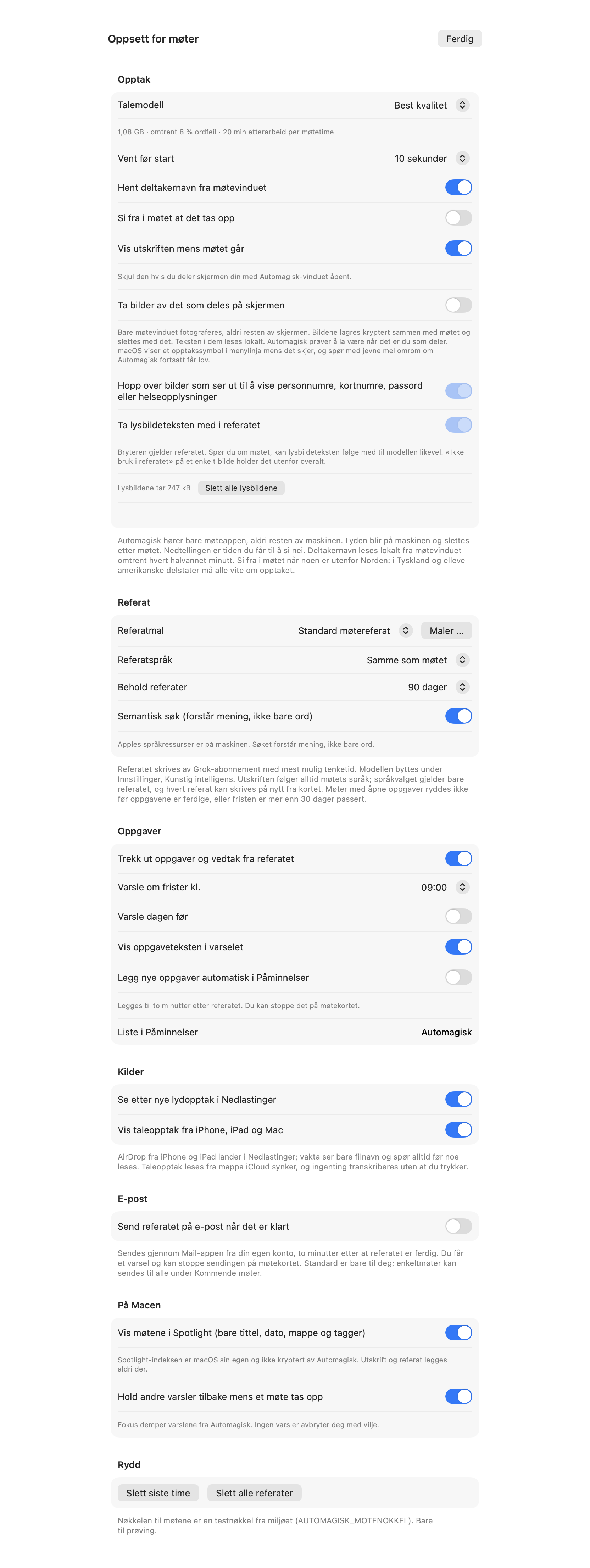 Hele oppsettsarket for møter: seksjonene Opptak, Referat, Oppgaver, Kilder, E-post, På Macen og Rydd