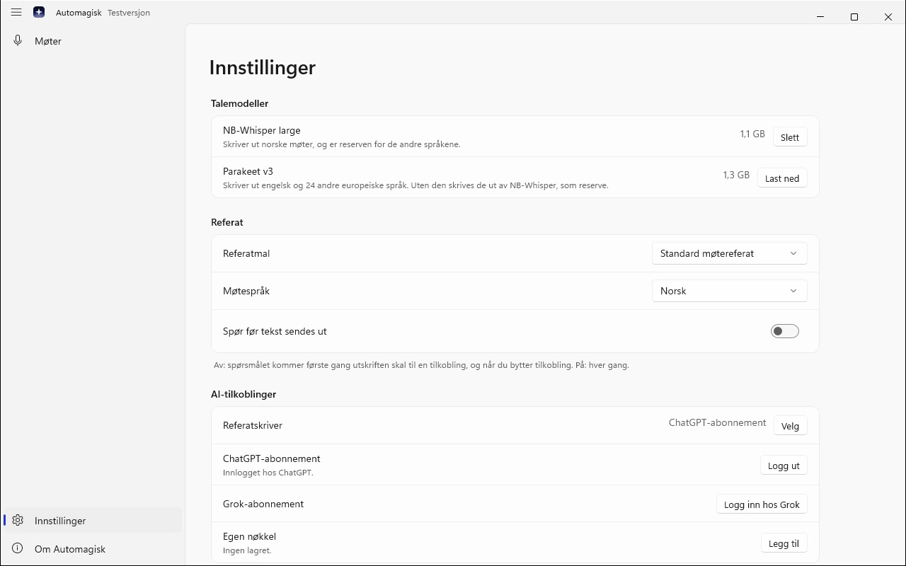 Innstillinger: talemodellene NB-Whisper large og Parakeet v3, referatmal og møtespråk, valget Spør før tekst sendes ut, og AI-tilkoblingene med ChatGPT-abonnementet innlogget
