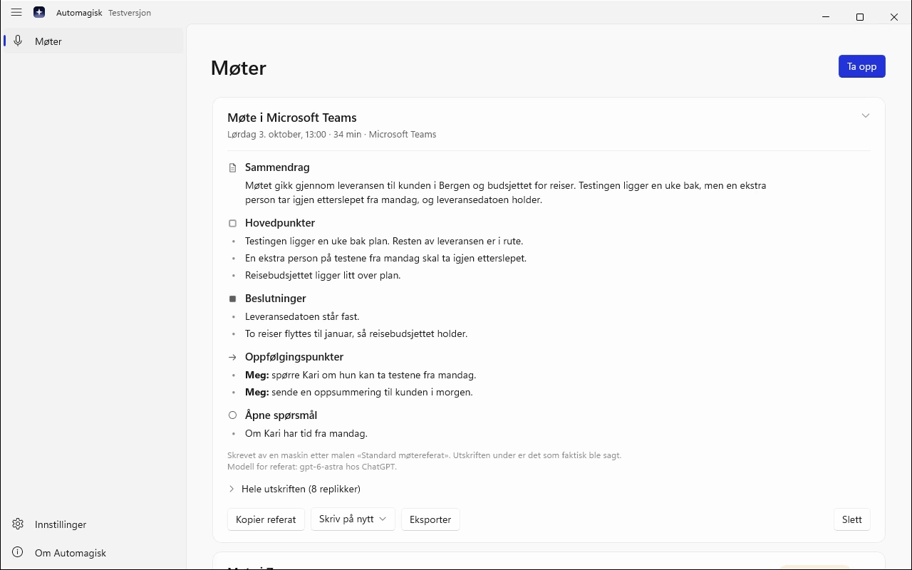 Møtet i Microsoft Teams foldet ut i møtelista, med referatet etter malen Standard møtereferat: Sammendrag, Hovedpunkter, Beslutninger, Oppfølgingspunkter og Åpne spørsmål, og knappene Kopier referat, Skriv på nytt, Eksporter og Slett